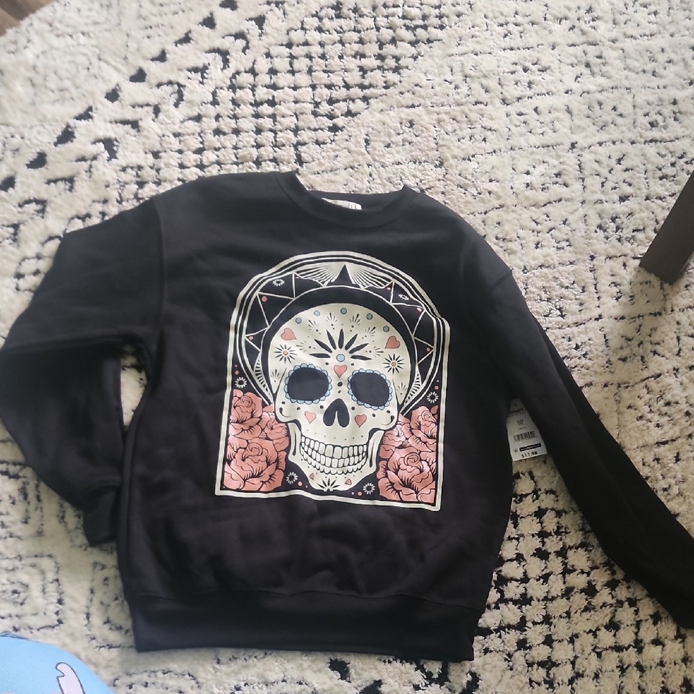 Wound Up Black Crewneck Sweater with Sugar Skull Design